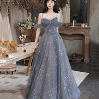 Gray tulle long prom dress A line evening dress - Thumbnail 2