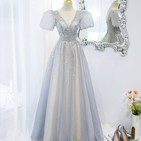 Gray tulle beads long prom dress A line evening gown - Thumbnail 1