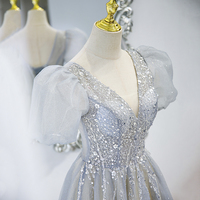 Gray tulle beads long prom dress A line evening gown - Thumbnail 3