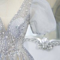 Gray tulle beads long prom dress A line evening gown - Thumbnail 2