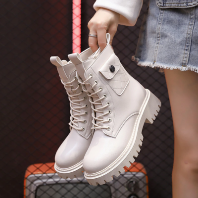 White lace up punk ankle boot for women