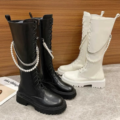 Women's pearl chain round toe knee-length