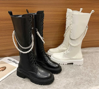 Women's Pearl Chain Round Toe Knee-Length