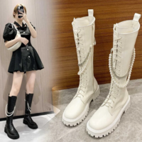 Women's Pearl Chain Round Toe Knee-Length - Thumbnail 1