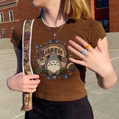 Brown japanese anime cartoon print crop top  - Thumbnail 2