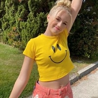 Cute Yellow Happy Smile Face Cartoon Print Short Sleeve Shirt Crop Top Summer Aesthetic Casual E-Girl Kawaii Korean Japanese Harajuku - Thumbnail 1