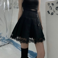 Cute White Black Chain Lace High Waist A-line Pleated Skirt Summer Aesthetic Casual E-Girl Kawaii Korean Japanese Harajuku - Thumbnail 5