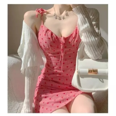 Cute pink heart print spaghetti strap sleeveless v-neck dress summer aesthetic casual e-girl kawaii korean japanese harajuku