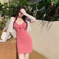 Cute Pink Heart Print Spaghetti Strap Sleeveless V-Neck Dress Summer Aesthetic Casual E-Girl Kawaii Korean Japanese Harajuku - Thumbnail 6