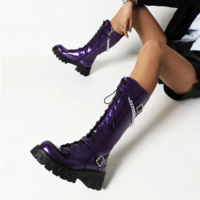 Metal Chain Knee High Riding Boots Women - Thumbnail 2