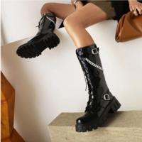 Metal Chain Knee High Riding Boots Women - Thumbnail 4