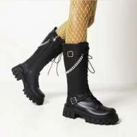Metal Chain Knee High Riding Boots Women - Thumbnail 6
