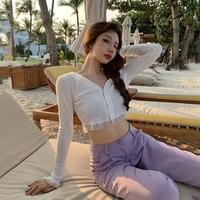 Cute Pink Black Green White Long Sleeve Button Up Crop Top Knit Cardigan Sweater Aesthetic Casual E-Girl Kawaii Korean Japanese Harajuku - Thumbnail 6