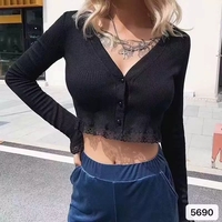 Cute Pink Black Green White Long Sleeve Button Up Crop Top Knit Cardigan Sweater Aesthetic Casual E-Girl Kawaii Korean Japanese Harajuku - Thumbnail 7