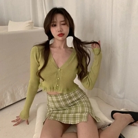 Cute Pink Black Green White Long Sleeve Button Up Crop Top Knit Cardigan Sweater Aesthetic Casual E-Girl Kawaii Korean Japanese Harajuku - Thumbnail 4