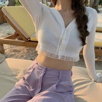 Cute Pink Black Green White Long Sleeve Button Up Crop Top Knit Cardigan Sweater Aesthetic Casual E-Girl Kawaii Korean Japanese Harajuku - Thumbnail 5