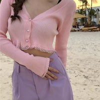 Cute Pink Black Green White Long Sleeve Button Up Crop Top Knit Cardigan Sweater Aesthetic Casual E-Girl Kawaii Korean Japanese Harajuku - Thumbnail 1