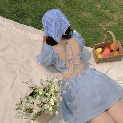 Cute blue french square neck puff sleeve backless bandage mini dress summer aesthetic casual e-girl kawaii korean japanese harajuku - Thumbnail 5