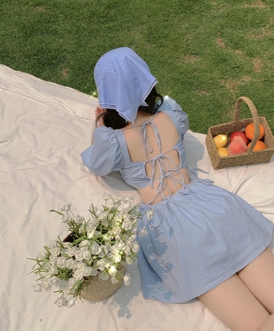 Cute Blue French Square Neck Puff Sleeve Backless Bandage Mini Dress Summer Aesthetic Casual E-Girl Kawaii Korean Japanese Harajuku