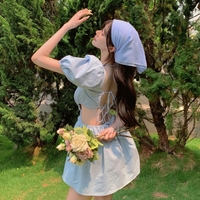 Cute Blue French Square Neck Puff Sleeve Backless Bandage Mini Dress Summer Aesthetic Casual E-Girl Kawaii Korean Japanese Harajuku - Thumbnail 2