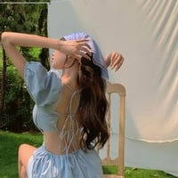 Cute Blue French Square Neck Puff Sleeve Backless Bandage Mini Dress Summer Aesthetic Casual E-Girl Kawaii Korean Japanese Harajuku - Thumbnail 3