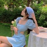 Cute Blue French Square Neck Puff Sleeve Backless Bandage Mini Dress Summer Aesthetic Casual E-Girl Kawaii Korean Japanese Harajuku - Thumbnail 4