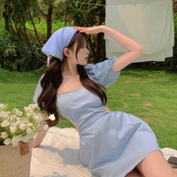 Cute Blue French Square Neck Puff Sleeve Backless Bandage Mini Dress Summer Aesthetic Casual E-Girl Kawaii Korean Japanese Harajuku - Thumbnail 5