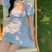 Cute Blue French Square Neck Puff Sleeve Backless Bandage Mini Dress Summer Aesthetic Casual E-Girl Kawaii Korean Japanese Harajuku - Thumbnail 6