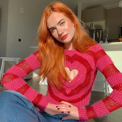 Cute pink heart shape hollow out long sleeve o-neck sweater knit pullover aesthetic casual e-girl kawaii korean japanese harajuku - Thumbnail 2