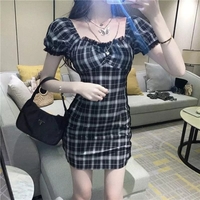 Cute Black White Plaid Puff Sleeve Square Collar Mini Dress Elegant Summer Aesthetic Casual E-Girl Kawaii Korean Japanese Harajuku - Thumbnail 2