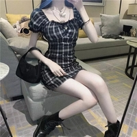 Cute Black White Plaid Puff Sleeve Square Collar Mini Dress Elegant Summer Aesthetic Casual E-Girl Kawaii Korean Japanese Harajuku - Thumbnail 3