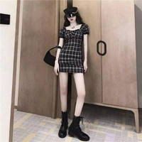 Cute Black White Plaid Puff Sleeve Square Collar Mini Dress Elegant Summer Aesthetic Casual E-Girl Kawaii Korean Japanese Harajuku - Thumbnail 4