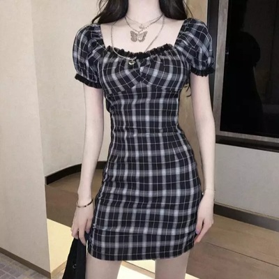 Cute black white plaid puff sleeve square collar mini dress elegant summer aesthetic casual e-girl kawaii korean japanese harajuku - Thumbnail 5