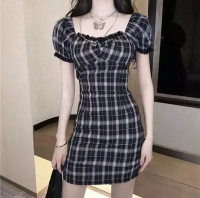 Cute Black White Plaid Puff Sleeve Square Collar Mini Dress Elegant Summer Aesthetic Casual E-Girl Kawaii Korean Japanese Harajuku
