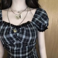 Cute Black White Plaid Puff Sleeve Square Collar Mini Dress Elegant Summer Aesthetic Casual E-Girl Kawaii Korean Japanese Harajuku - Thumbnail 6