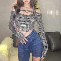 Cute Sexy Plaid Halter Slash Neck Hollow Long Sleeve Shirt Crop Top Punk Summer Aesthetic Casual E-Girl Kawaii Korean Japanese Harajuku - Thumbnail 2
