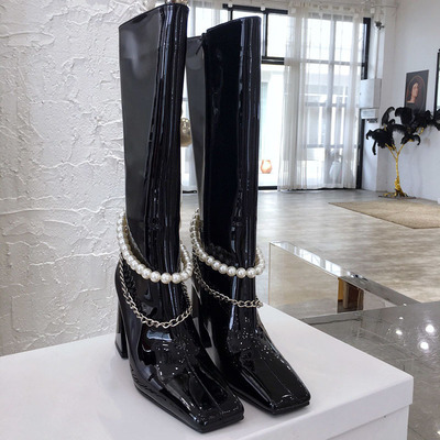 Women's pearl chain square head knee high