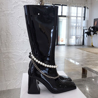 Women's Pearl Chain Square Head Knee High - Thumbnail 4