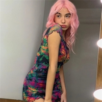 Cute Sexy Tie Dye Butterfly Print Mesh Transparent Short Sleeve Mini Dress Summer Aesthetic Casual E-Girl Kawaii Korean Japanese Harajuku - Thumbnail 2