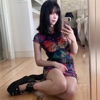 Cute Sexy Tie Dye Butterfly Print Mesh Transparent Short Sleeve Mini Dress Summer Aesthetic Casual E-Girl Kawaii Korean Japanese Harajuku - Thumbnail 1