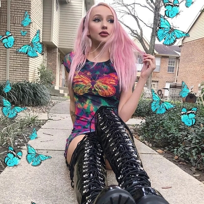 Cute Sexy Tie Dye Butterfly Print Mesh Transparent Short Sleeve Mini Dress Summer Aesthetic Casual E-Girl Kawaii Korean Japanese Harajuku