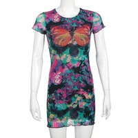 Cute Sexy Tie Dye Butterfly Print Mesh Transparent Short Sleeve Mini Dress Summer Aesthetic Casual E-Girl Kawaii Korean Japanese Harajuku - Thumbnail 5