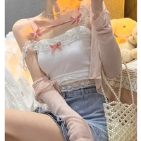 Cute Sweet Lace Bow Sling Crop Top Sleeveless Shirt 90S Summer Aesthetic Casual E-Girl Kawaii Korean Japanese Harajuku - Thumbnail 3