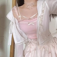 Cute Sweet Lace Bow Sling Crop Top Sleeveless Shirt 90S Summer Aesthetic Casual E-Girl Kawaii Korean Japanese Harajuku - Thumbnail 5