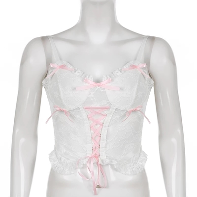 Cute lace mesh patchwork transparent corset camisole ruffle crop top sleeveless shirt summer aesthetic casual e-girl kawaii korean japanese harajuku - Thumbnail 3