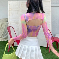 Cute Sexy 2PCS Colorful Hollow Out Long Sleeve Shirt Punk Summer Aesthetic Casual E-Girl Kawaii Korean Japanese Harajuku - Thumbnail 2
