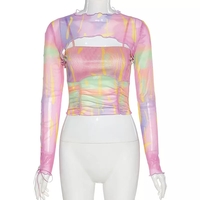 Cute Sexy 2PCS Colorful Hollow Out Long Sleeve Shirt Punk Summer Aesthetic Casual E-Girl Kawaii Korean Japanese Harajuku - Thumbnail 5