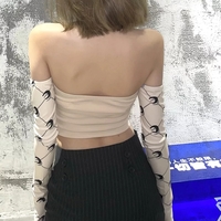 Cute Moon Print Patchwork Bandage Bustier Chain Halter Crop Top Off Shoulder Long Sleeve Shirt Aesthetic E-Girl Kawaii Korean Japanese Harajuku - Thumbnail 3