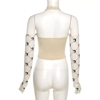 Cute Moon Print Patchwork Bandage Bustier Chain Halter Crop Top Off Shoulder Long Sleeve Shirt Aesthetic E-Girl Kawaii Korean Japanese Harajuku - Thumbnail 6