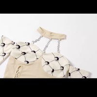 Cute Moon Print Patchwork Bandage Bustier Chain Halter Crop Top Off Shoulder Long Sleeve Shirt Aesthetic E-Girl Kawaii Korean Japanese Harajuku - Thumbnail 5